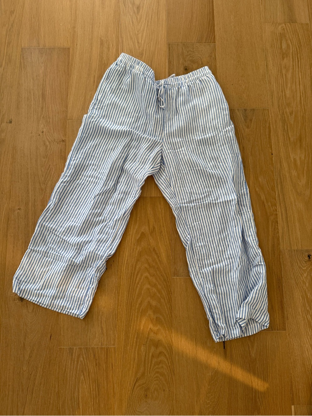 H&M Light Blue and White Striped Casual Linen Pants